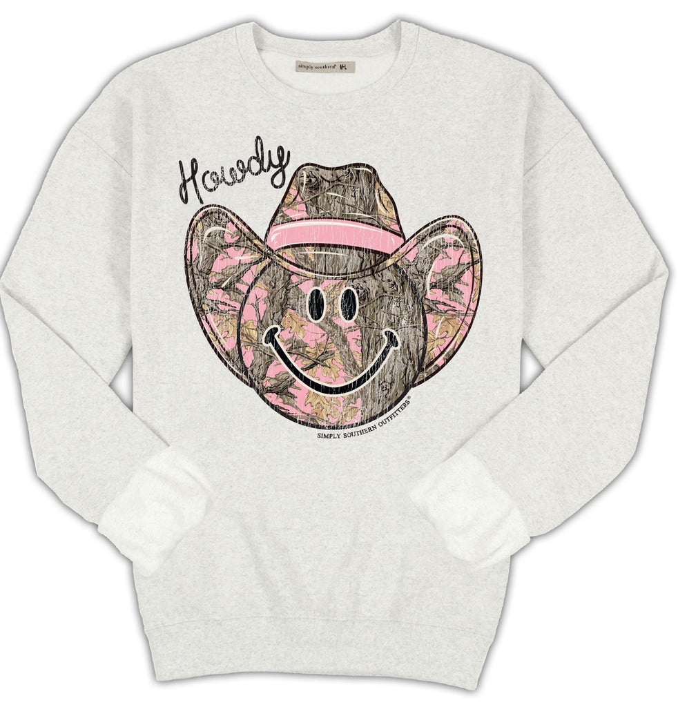 Howdy - Smiley Face - Pink Camo - Crew Neck Sweatshirt - F25 - Adult Crew