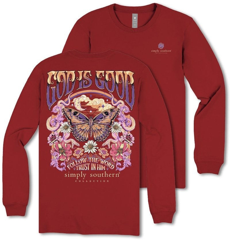 God Is Good Follow The Word Trust In Him - Butterfly - Flowers - SS - F25 - Adult Long Sleeve