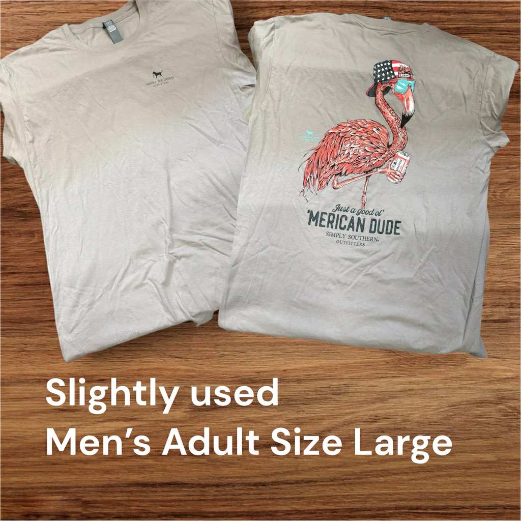 Slightly Used Simply Southern Men's T-Shirt- Flamingo 'Merican Dude- Adult Size Large - (M126)