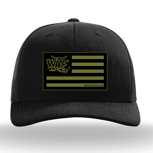 Olive Flag Patch Snapback Trucker Hat - Adult Hat- What The Fin
