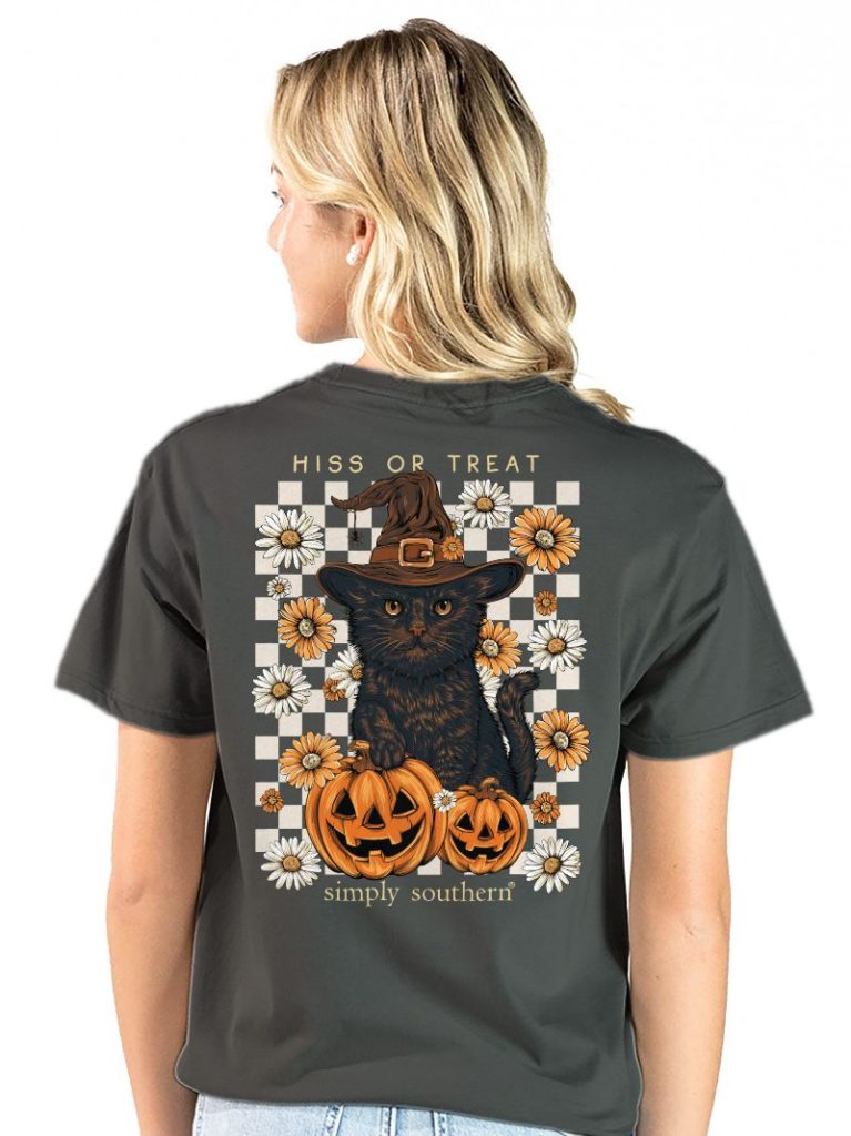 Hiss Or Treat - Black Cat - Pumpkins - Floral - F26 - SS - Adult T-Shirt