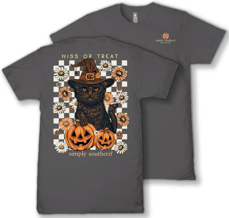 Hiss Or Treat - Black Cat - Pumpkins - Floral - F26 - SS - Adult T-Shirt