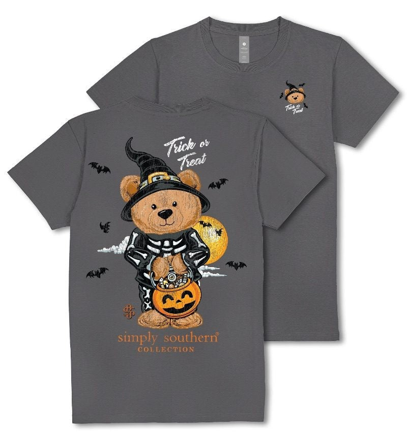 Trick or Treat - Teddy - Halloween - Pumpkin - Moon - Bats - Black Hat - F25 - SS - Adult T-Shirt