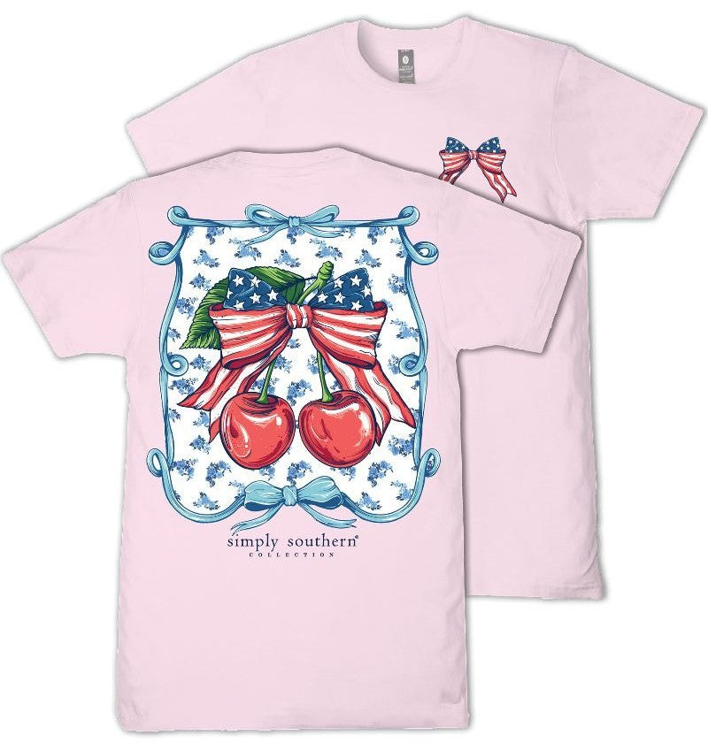 USA Cherries - Patriotic Flag Bow - Floral - S26 - SS - Adult T-Shirt