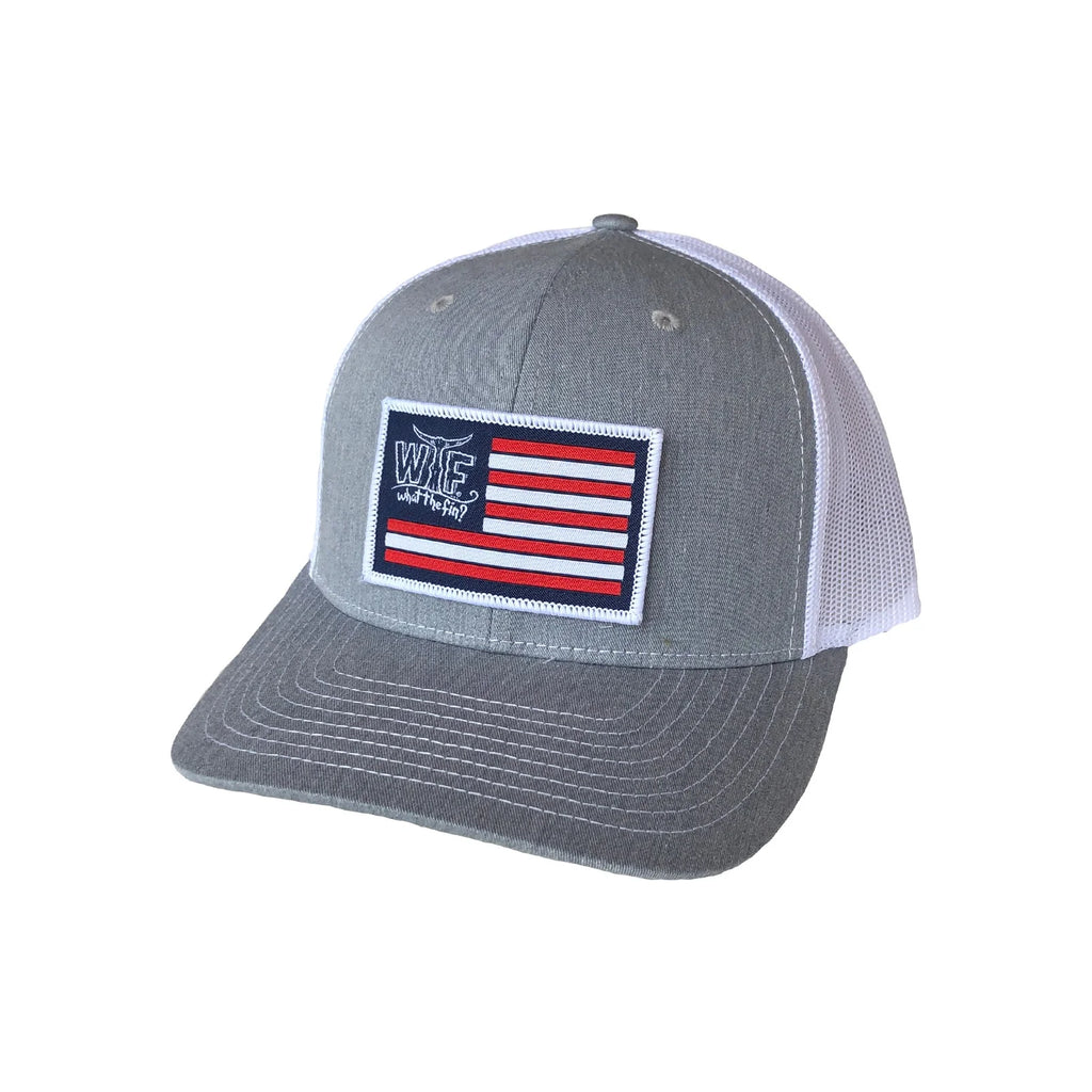 USA Flag Patch Snapback Trucker Hat - Adult Hat- What The Fin