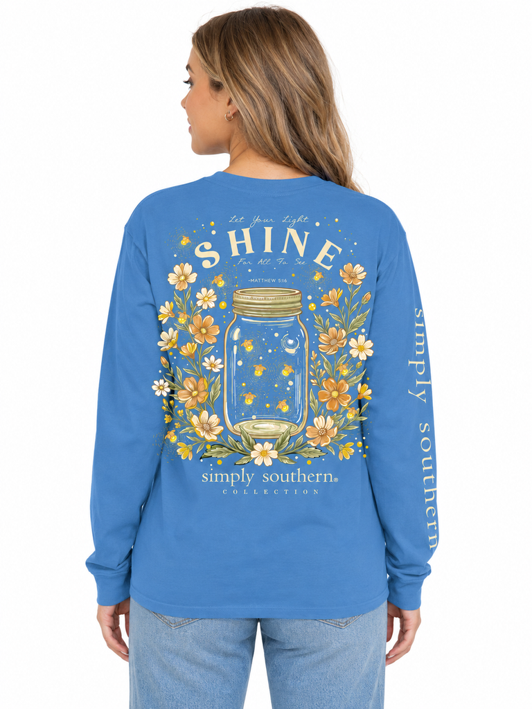 Let Your Light Shine, For All To See - Matthew 5:16 - Fireflies - Flowers - Mason Jar - SS - F26 - YOUTH Long Sleeve