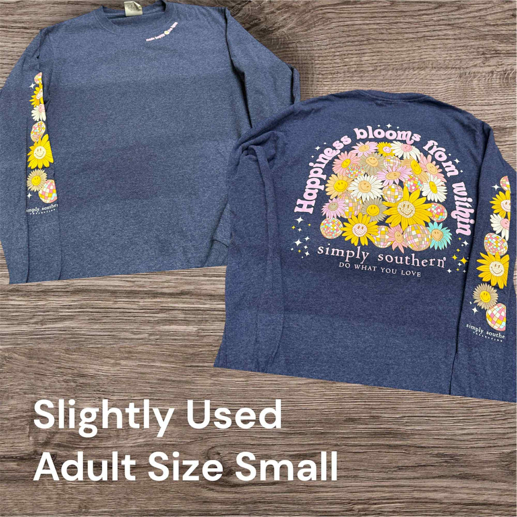 Slightly Used Simply Southern Long Sleeve Shirt- Happiness Blooms - Adult Size Small (M97)
