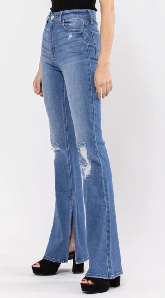 High Rise Long Inseam Slit Flare Jeans - AB38002 - Cello