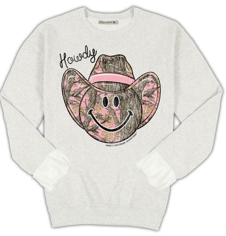 Howdy - Smiley Face - Pink Camo - Crew Neck Sweatshirt - F25 - Adult Crew