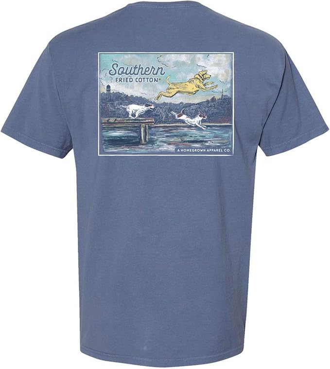 Dogs Make A Splash Off Dock - Adult T-Shirt - SFC