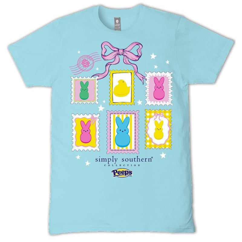 Peeps Stamps - Bunnies & Chick - Pink Bow & Stars - S26 - SS - Adult T-Shirt