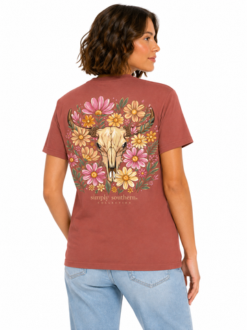 Floral - Rustic Cow Skull - F26 - SS - Adult T-Shirt