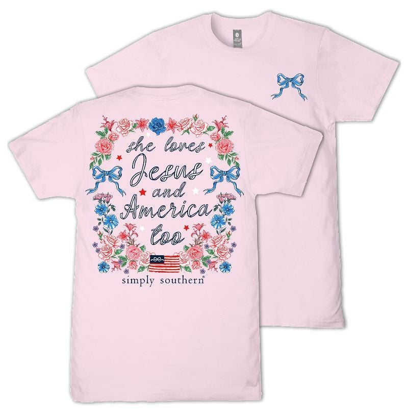 She Loves Jesus And America Too - Floral - Bows - Flag - S26 - SS - YOUTH T-Shirt
