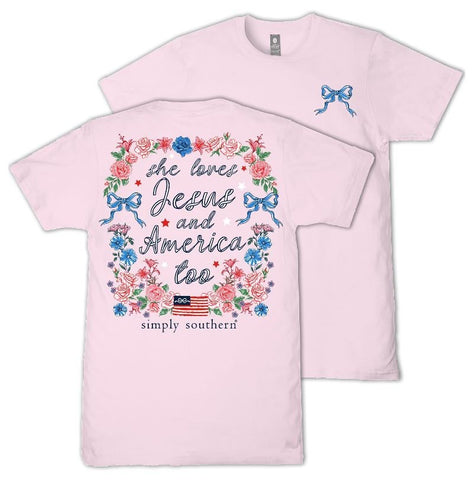 She Loves Jesus And America Too - Floral - Bows - Flag - S26 - SS - Adult T-Shirt