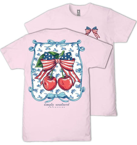 USA Cherries - Patriotic Flag Bow - Floral - S26 - SS - Adult T-Shirt
