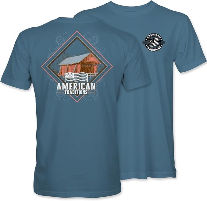 Country Bridge - Barn - American Flag - AT - Adult T-Shirt
