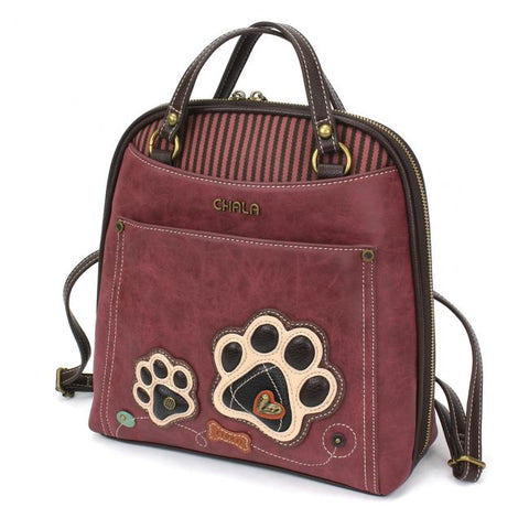 Convertible Backpack Purse - Pawprint Burgundy - Vegan Leather - Chala